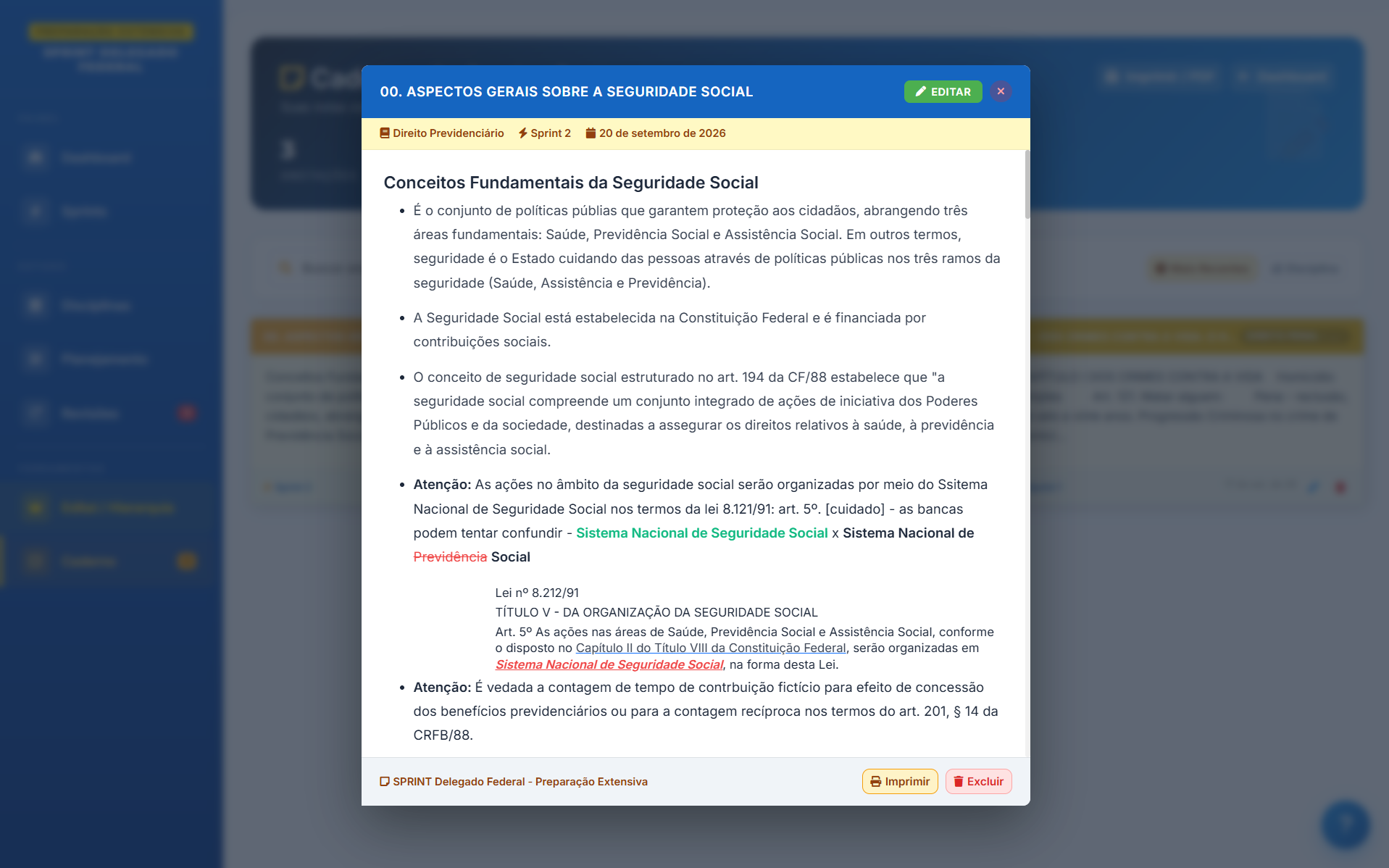 Caderno de anotações vinculado ao conteúdo estudado