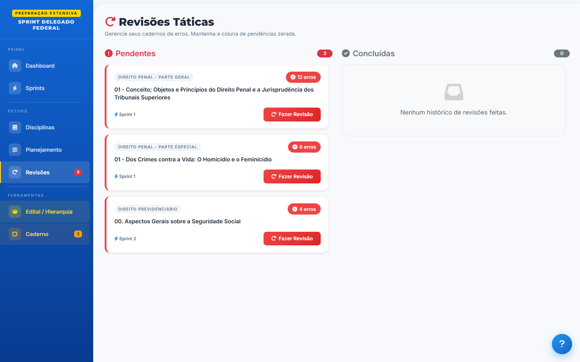 Área de Revisões Táticas do aplicativo